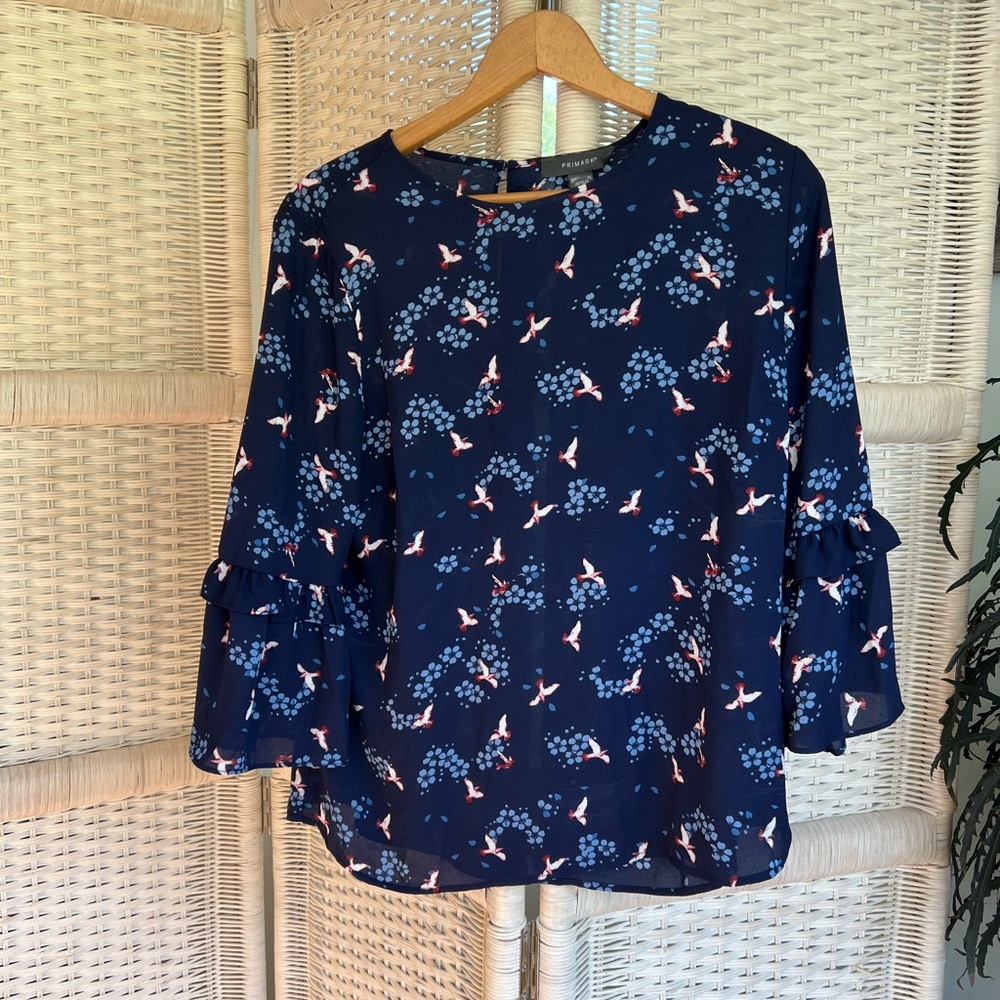 Primark navy shirt, with flounce sleeve. NWT. Button back